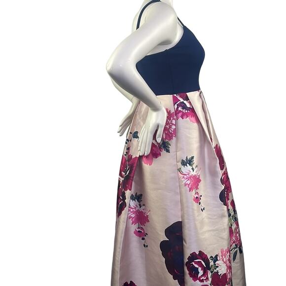 Nights By Teeze Me Strappy Velour Top Floral Bottom Gown Dress Navy Pinks 5/6 - Picture 4 of 16